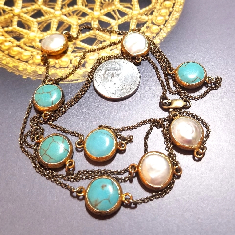 VTG 44" Gold Vermeil Turquoise & Coin Pearl Station Necklace - Picture 1 of 6